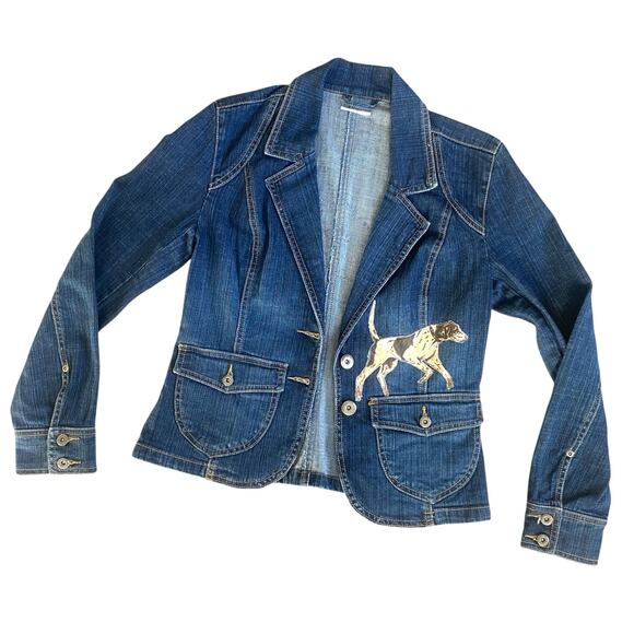 VTG Western Embellished Stretch Denim Blazer Jacket Sz S Horse Girl Pointer Dog - Picture 2 of 13
